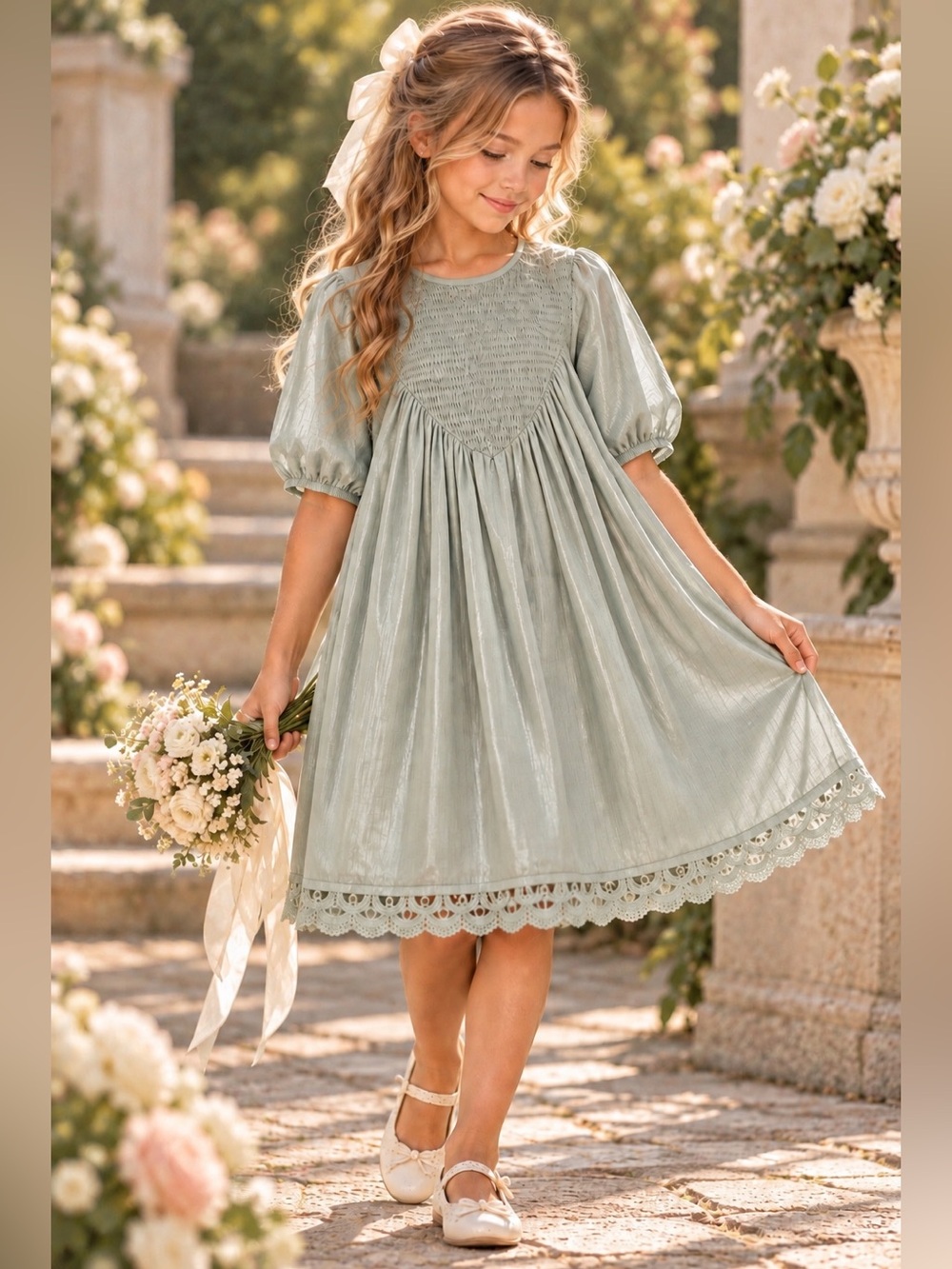 One Child Girls 8 Sage Green HandSmocked Dress Luxe Flower Girl Wedding Heirloom
